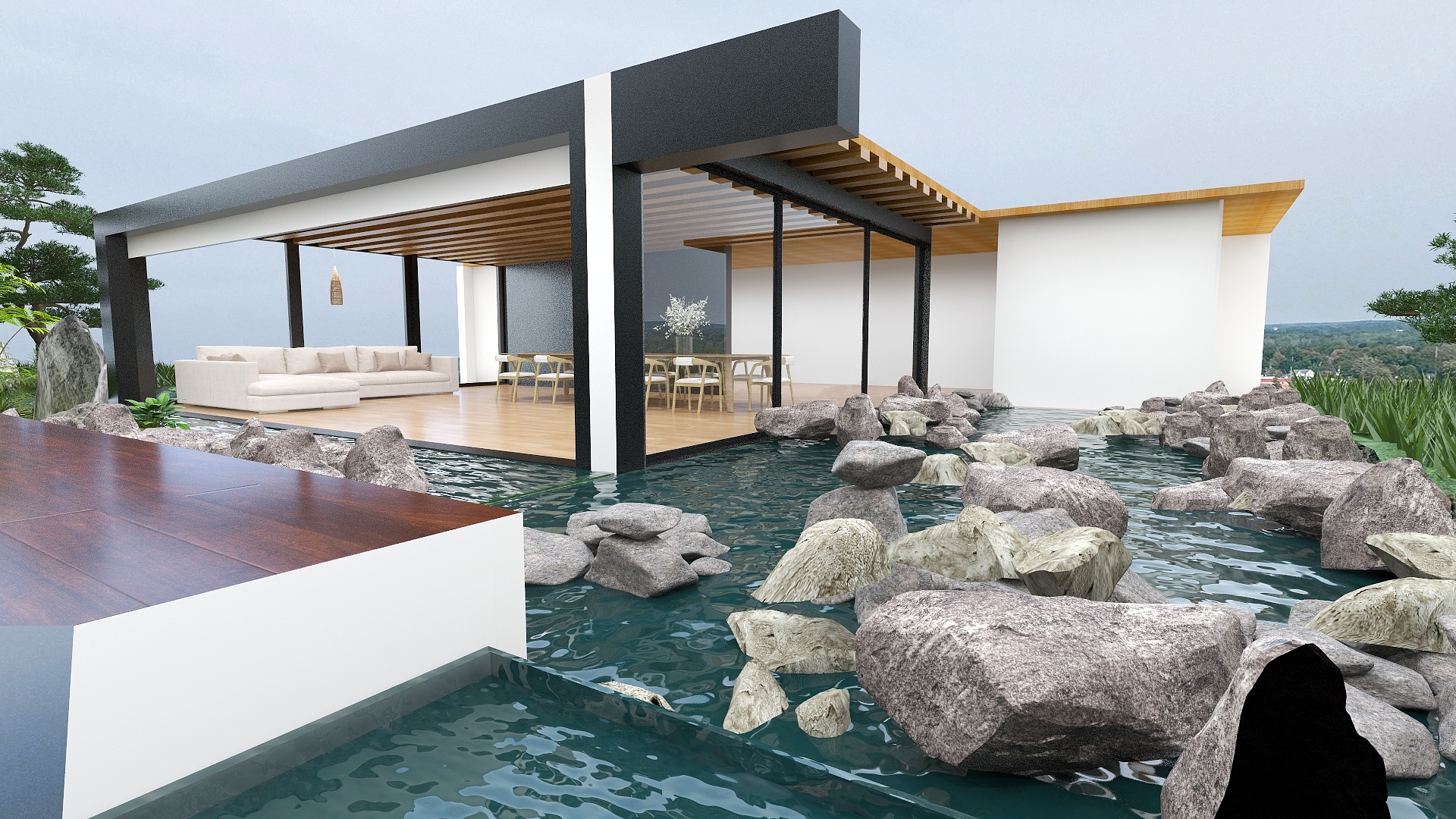 Decorvaa villa render showing exterior, interior, water feature, and landscape services